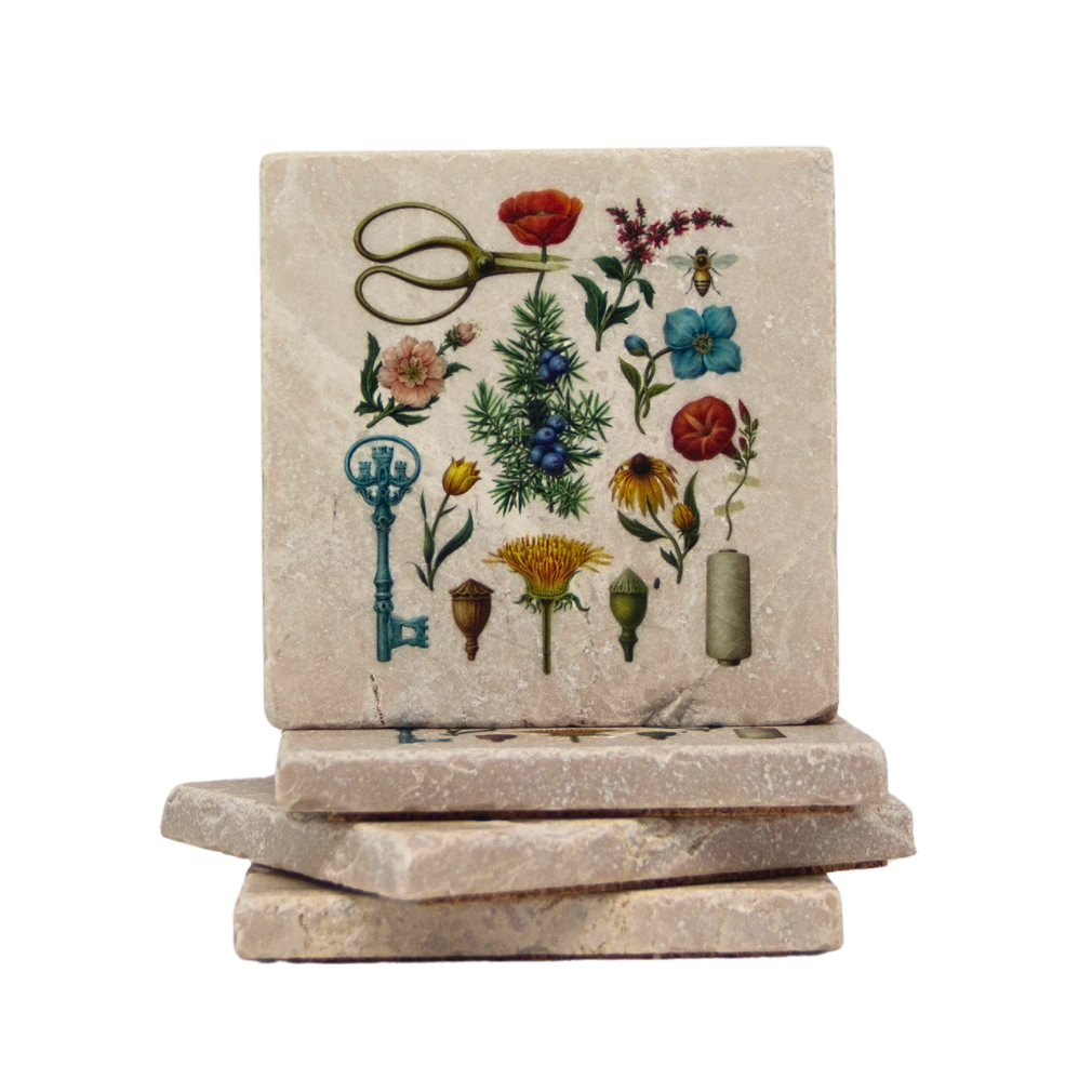 Castle and key harvest gin label design ceramic marble coaster