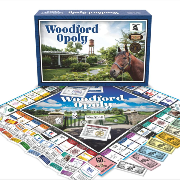 Woodford-Opoly Monopoly board game with packaging featuring a horse and Castle & Key. 