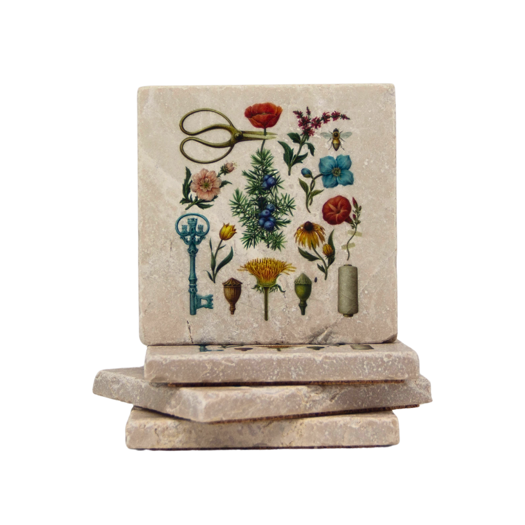 Castle and key harvest gin label design ceramic marble coaster