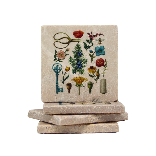 Castle and key harvest gin label design ceramic marble coaster