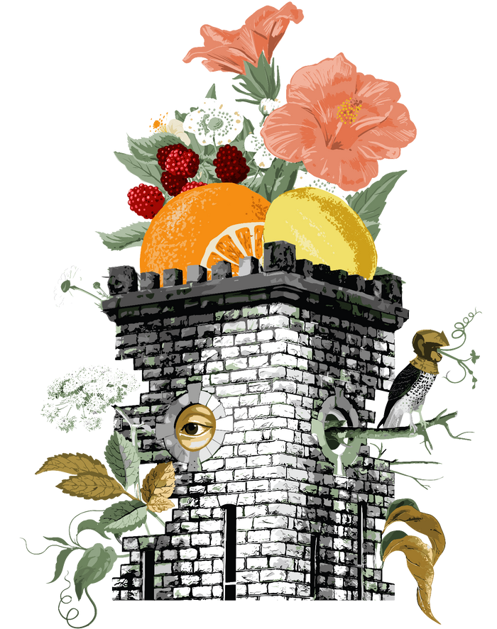 Castle & Key tower illustration crowned with fruit and flowers
