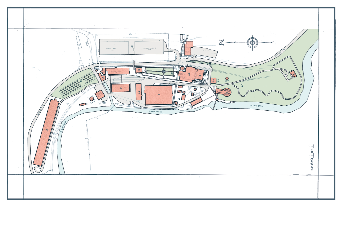 Blueprint map of Castle & Key Distillery grounds